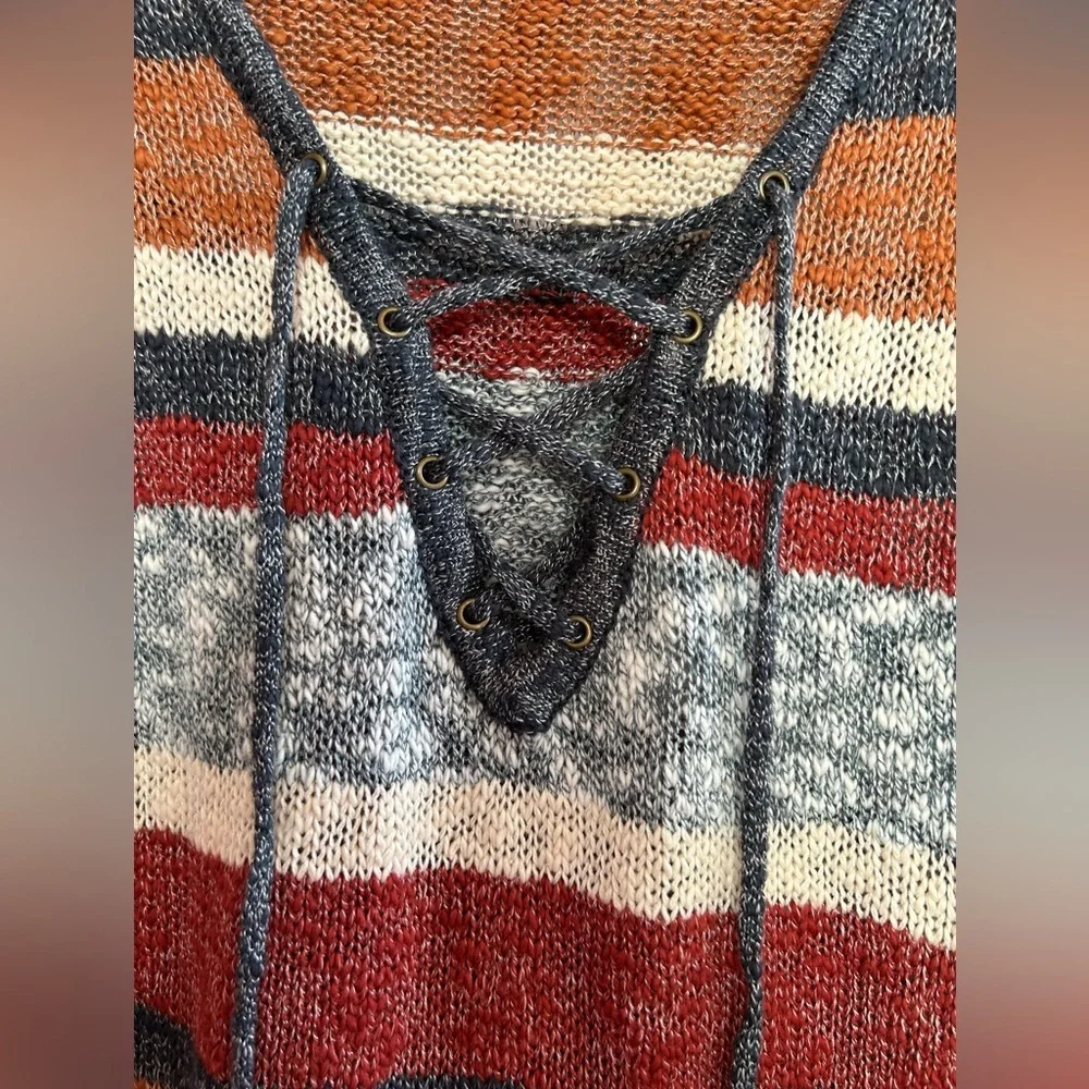 Natural Reflections NWT Lace Up Sweater Striped Knit Pullover Cozy Fall cabin L